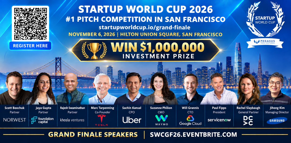 SWCPTV's tweet photo. The world’s #1 startup pitch competition is coming to San Francisco on November 6, 2026! 

The Startup World Cup 2026 Grand Finale will bring together the world’s most promising founders, 300+ VCs and investors, and technology leaders from Tesla, Uber, Waymo, Google Cloud, ServiceNow, Samsung, and more all under one roof.

- $1,000,000 investment prize
- 200+ startup champions from around the world
- 300+ VCs and investors in the room
- Global technology and business leaders

Meet this year’s featured judges and speakers:
• Marc Tarpenning — Tesla 
• Sachin Kansal — Uber
• Suzanne Philion — Waymo
• Will Grannis — Google Cloud
• Paul Fipps — ServiceNow
• Rajesh Swaminathan — Khosla Ventures
• Rachel Slaybaugh — DCVC
• Jihong Kim — Samsung
• Scott Beechuk — Norwest Venture Partners
• Jaya Gupta — Foundation Capital

One startup will walk away with a $1 million investment prize but the opportunities won’t stop there. Companies will be discovered, partnerships will begin, and connections will be made that could shape what comes next.
If you’re a founder, investor, or technology leader, this is one event you can’t afford to miss.

 🗓️ November 6, 2026
 📍 Hilton Union Square, San Francisco
 🎟️ Seats are limited. Secure yours before they’re gone:
https://t.co/TmCF8g6U20 

Be there when the next global success story takes the stage.

#StartupWorldCup #SWC2026 #Startups #VentureCapital #Founders #Entrepreneurship #Innovation #Investing #SanFrancisco #PitchCompetition #Pegasus #Pitch #Funding #Investment