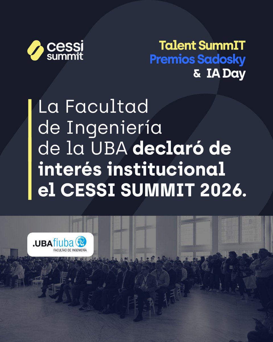 CessiArgenTIna's tweet photo. Nos enorgullece compartir esta noticia 👏🏼
✨ La @ingenieriauba declaró de interés institucional el CESSI Summit 2026.
#FIUBA #CESSISummit #IADay #TalentSummit #PremiosSadosky https://t.co/qrdMh5r2H0