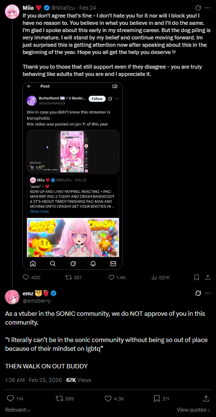 MiiaTzu's tweet photo. I'm always being compared to Emz just because I'm pink and love Sonic - get over yourselves man. You do realize when someone is trying to be performative and fake right?

She only started making these posts not long after the drama. https://t.co/jg2jIq5Tlq