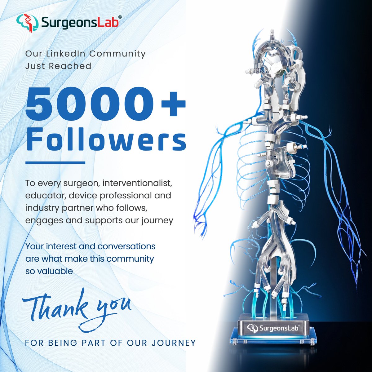 SurgeonsLab's tweet photo. 5,000+ Followers.

A small number on a screen, but a meaningful milestone for the SurgeonsLab community.

Thank you to the surgeons, interventionalists, educators, biomedical engineers, device professionals, researchers, and MedTech teams who follow our work, challenge our thinking, and engage with what we share.

We started SurgeonsLab around a simple idea: realistic simulation should bring anatomy, devices, and procedural technique closer together.

That means more than replicating anatomy.

It means creating models where complex neurovascular anatomy, tortuosity, bifurcations, access challenges, and device–anatomy interaction can be explored in a controlled and repeatable environment.

Whether it is evaluating microcatheter navigation through acute bifurcations, studying embolic delivery in MMA models, or refining access techniques, the objective remains the same:

Understand the procedural challenge. Test it repeatedly. Generate meaningful evidence before it reaches the patient.

Over the past few years, the conversations with this community have helped shape the questions we ask and the problems we work to solve.

5,000 is not the destination. It is a reminder to keep building, testing, learning, and sharing.

Thank you for being part of the journey.

— SurgeonsLab

#SurgeonsLab #MedicalSimulation #MedTech #SurgicalTraining #EndovascularTraining