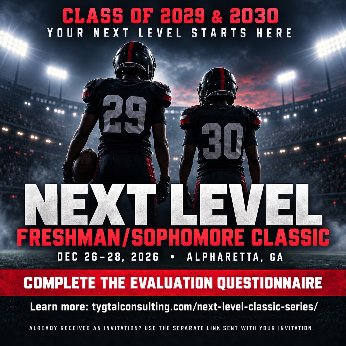 OVNEXTLEVEL's tweet photo. Class of 2029 and 2030: Your next level starts here.

The Next Level Freshman/Sophomore Classic runs December 26–28 in Alpharetta, Georgia. Learn about the event and use the Evaluation Questionnaire to be considered for an INVITATION: https://t.co/7GocwpXPIk https://t.co/vKj2XPcKgw