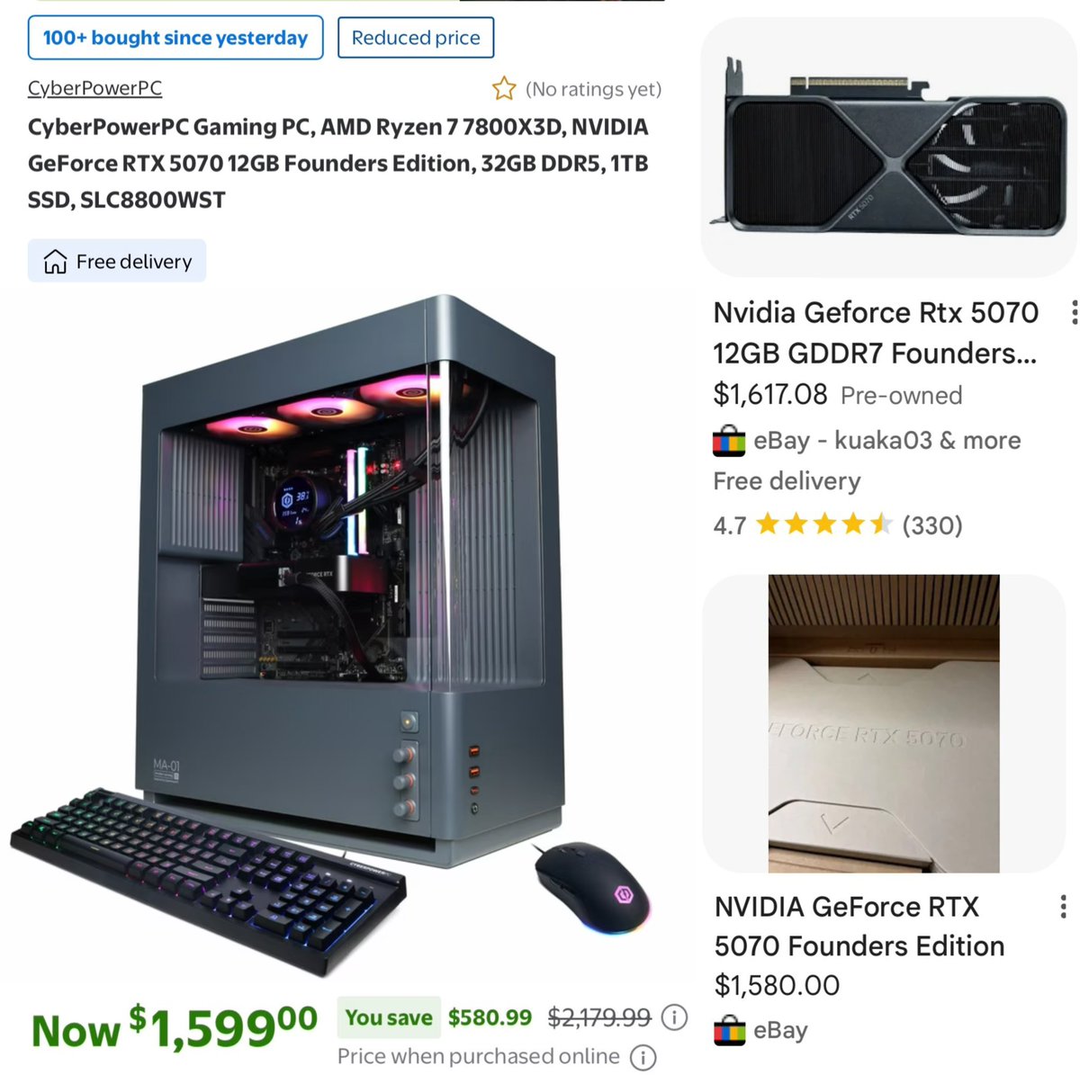 Pricerrors's tweet photo. INSANE BUNDLE DEAL ON CYBERPOWER RTX 5070 GAMING PC

Rare $580+ discount at Walmart drops the price to $1,599

https://t.co/057FAUXT0U

Really good specs on this model, just the GPU goes for around $1,600 online

Free shipping and free returns included, last one sold out FAST #ad https://t.co/5qJNVBtzvE