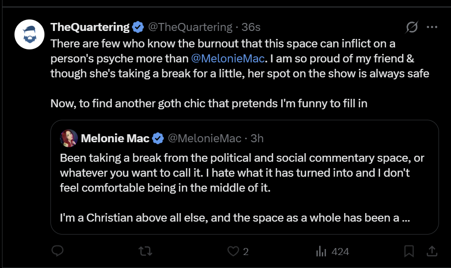 TheKinoGrove's tweet photo. My god, @TheQuartering  can't even sound sincere. 

HE'S SEETHING 
HE'S HURT
HE'S ABANDONED   

WOAH BUUUDDYYYY!

No mention of how fun it was when she was on the show... or How she made the stream better.. 

Just I need another "goth chic" to think im funny and be my friend... https://t.co/WUWs8yklni