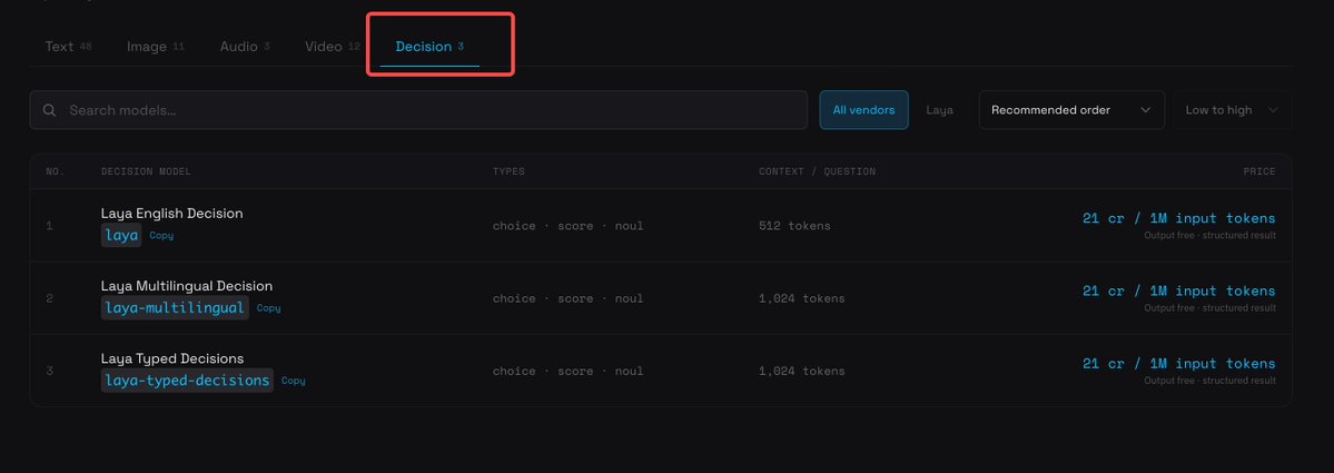 QtumRouter's tweet photo. We have added an alternative to Jev called "Laya" on https://t.co/XXNDYDpJL4 

$0.021 for 1 million input credits, output free.

We also added a new "Decision" panel. 

https://t.co/1dhYWJjkEs https://t.co/VA6j3McLC2