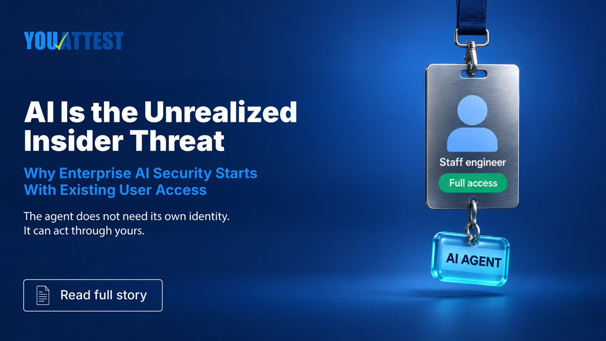 YouAttest's tweet photo. AI doesn't need excessive access of its own.

It can act through yours.

When AI operates through an overprivileged user, existing access can become machine speed authority.

Enterprise AI security starts with governing the identities behind the agents.

Read the full article:

https://t.co/ccm0pws0Lu

#YouAttest #IdentityGovernance #AISecurity #AIAgents #AccessReviews #LeastPrivilege #IdentitySecurity #CyberSecurity
