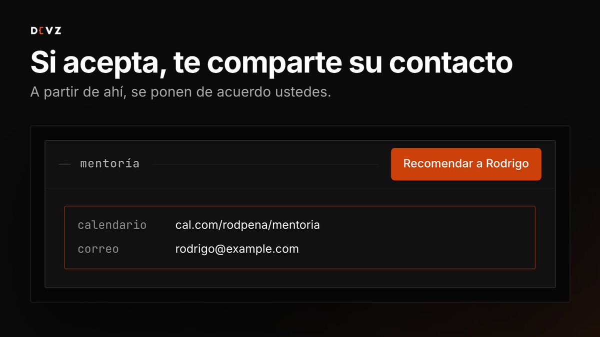 devzcommunity's tweet photo. Si acepta, te llega un correo con su contacto y también lo ves en su perfil. De ahí en adelante, se ponen de acuerdo ustedes.

Si cambias de opinión antes de que responda, puedes cancelar la solicitud. https://t.co/2zat1FCtva
