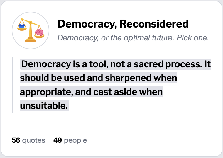 Ae7071's tweet photo. @DataRepublican @watilo It feels pretty misleading to put heavily downvoted quotes as example of "what EAs believe".  For example, the example democracy quote comes from this post, sitting at -5 karma on LessWrong. https://t.co/2mA50qhHlM