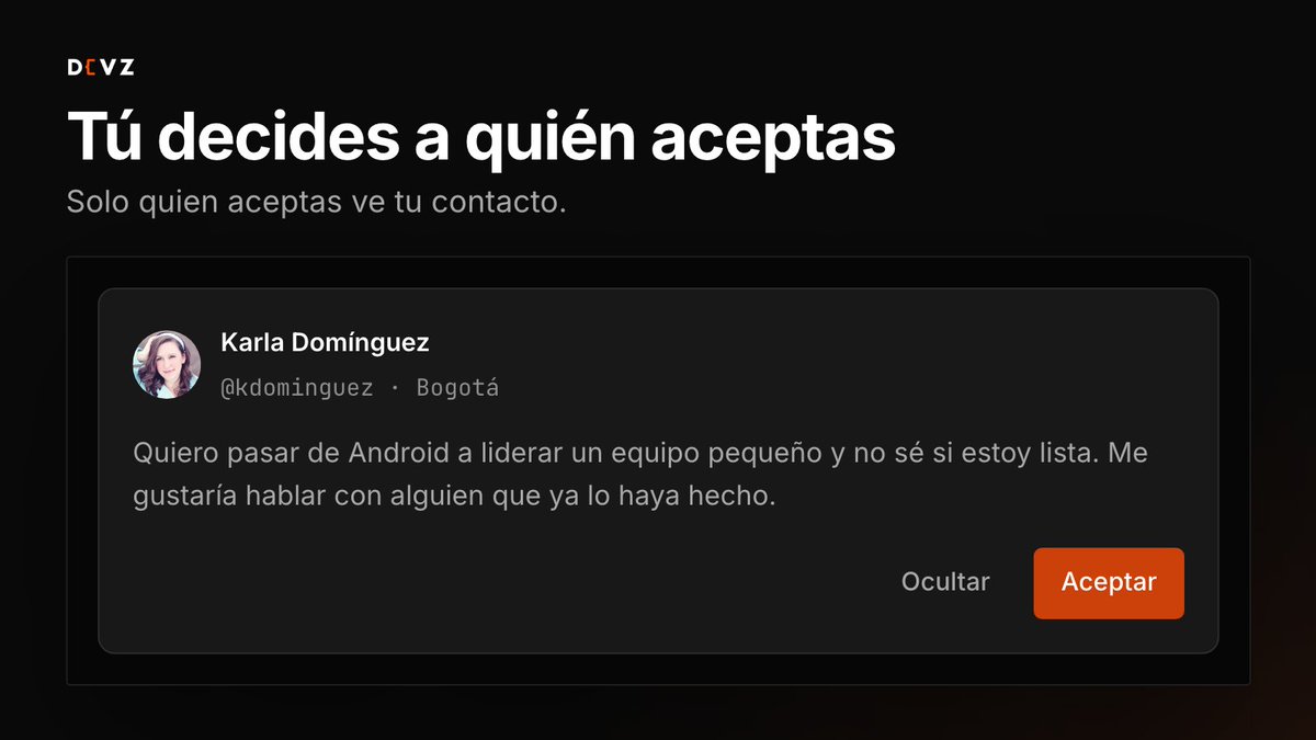 devzcommunity's tweet photo. Las solicitudes te llegan por correo y tú decides a quién aceptar. Solo esa persona ve tu contacto; las demás las ocultas y nadie se entera.

Si necesitas una pausa, lo apagas y vuelves cuando quieras. https://t.co/ytMV9SW4Qm