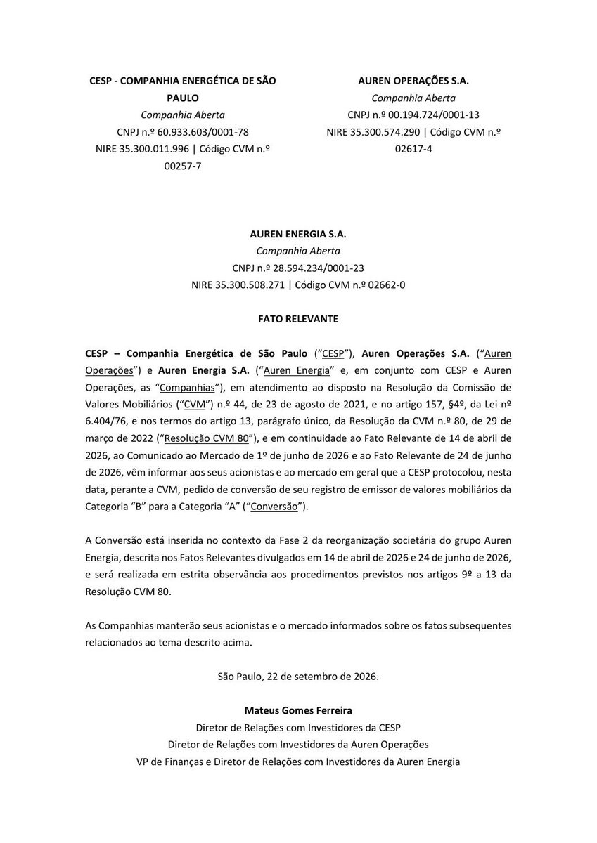 AvisosDaBolsa's tweet photo. AUREN ENERGIA S.A. - Conversão de Categoria da CESP Protocolo de Pedido #AURE3 https://t.co/B6Nh3DveN1