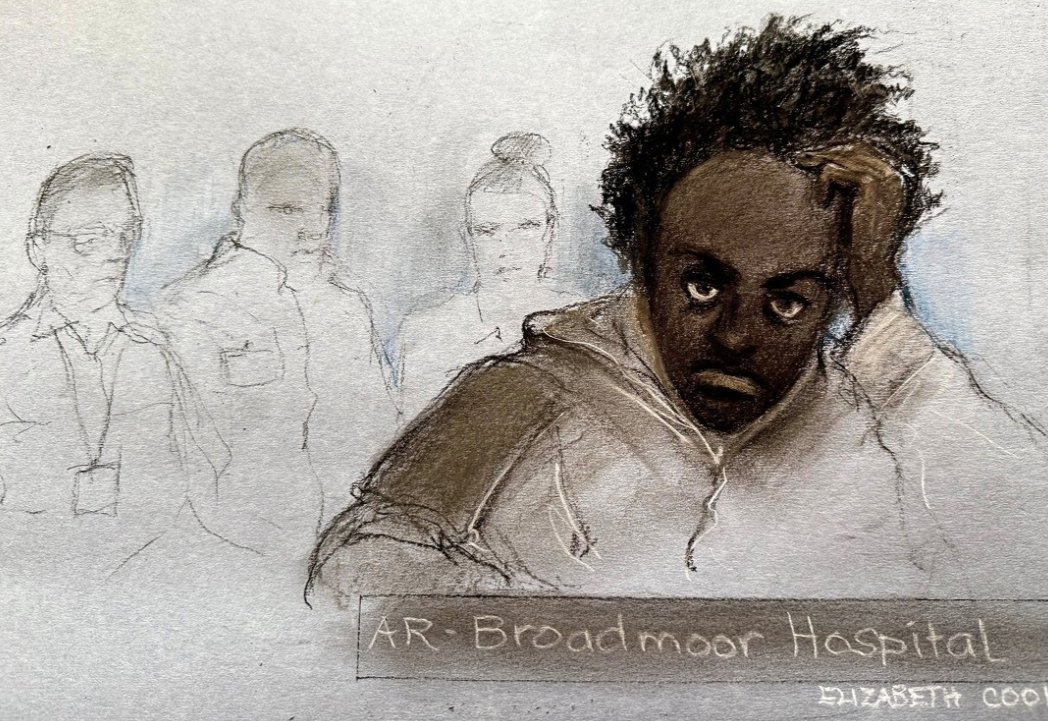 Lord_Thornton's tweet photo. Something captivating about this courtroom sketch. The malice projecting from AR's dark eyes, bubbling over a façade of cool detachment. The amorphous officers behind with an indifference of their own. It captures a certain evil very well. https://t.co/zrWmCctXRp