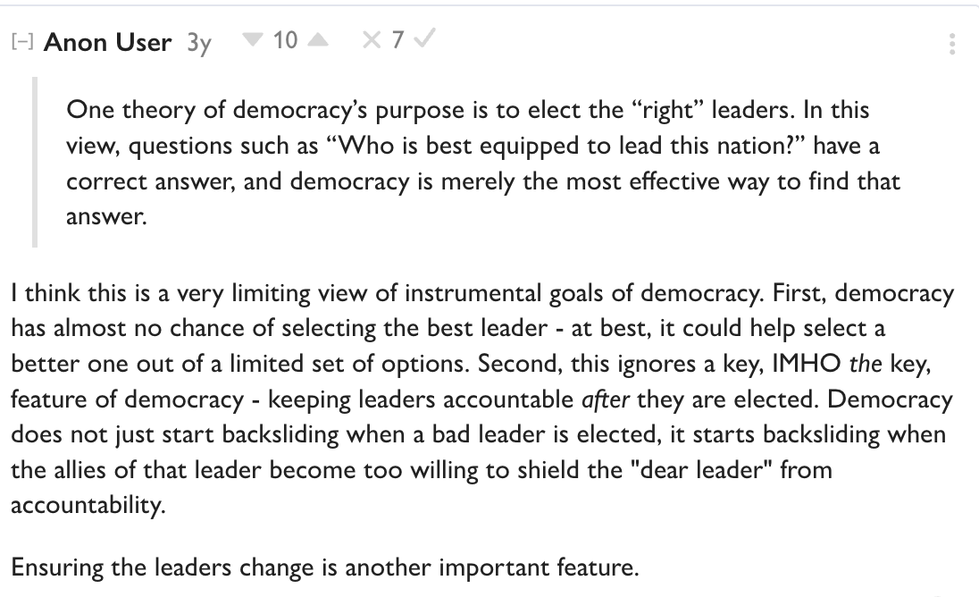 Ae7071's tweet photo. @DataRepublican @watilo It feels pretty misleading to put heavily downvoted quotes as example of "what EAs believe".  For example, the example democracy quote comes from this post, sitting at -5 karma on LessWrong. https://t.co/2mA50qhHlM