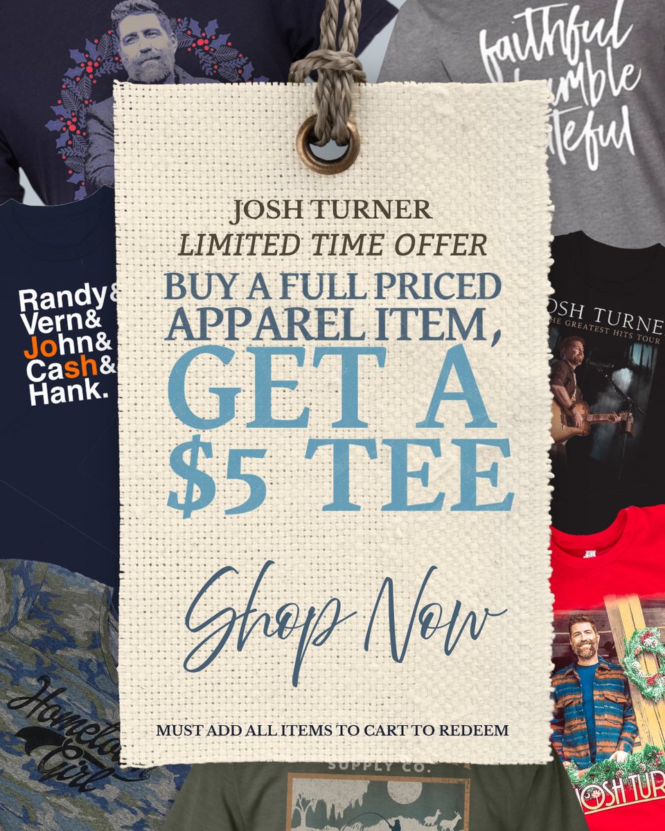 joshturnermusic's tweet photo. Now’s your chance to finally get that Josh Turner t-shirt you’ve been eyeing! For a limited time: Buy a full priced apparel item, get a $5 tee

Shop now: https://t.co/0yzheI372u https://t.co/ZbCaoOgF3H