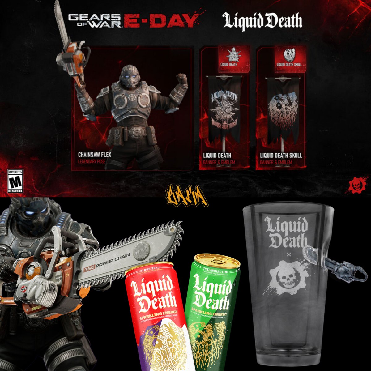 xbarax22's tweet photo. ¡GEARS OF WAR: E-DAY SE UNE A LIQUID DEATH!

La colaboración que nadie esperaba ya es una realidad. Del 22 de septiembre al 30 de noviembre, Liquid Death llega a Gears of War: E-DAY con contenido exclusivo para los jugadores.

Si compras Liquid Death Energy en Amazon, Target, Walmart, Instacart o Kroger —exclusivo para EE. UU.— podrás conseguir:

Pose Legendaria “Chainsaw Flex” — animada y disponible para cualquier personaje.
 Banner exclusivo con temática Liquid Death.
 Emblema e icono especiales de la colaboración.
Y esto no termina ahí…
23 de septiembre, también estará disponible mercancía LIMITADA de esta colaboración, incluyendo un vaso de pinta con diseño de motosierra, con un precio de $25 USD.

¿Ustedes qué opinan de esta colaboración?