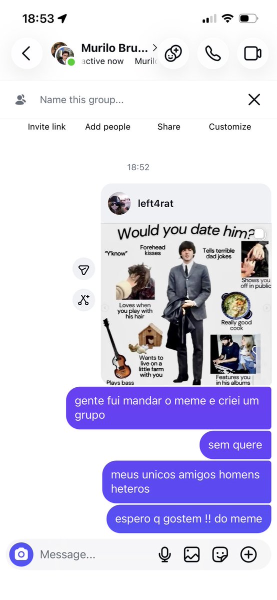 ts10track5's tweet photo. fui mandar um meme dos beatles pros unicos 2 homens heteros q eu conheço e sem quere criei um grupo tomara q eles virem amigos… https://t.co/63SR5jTZLL