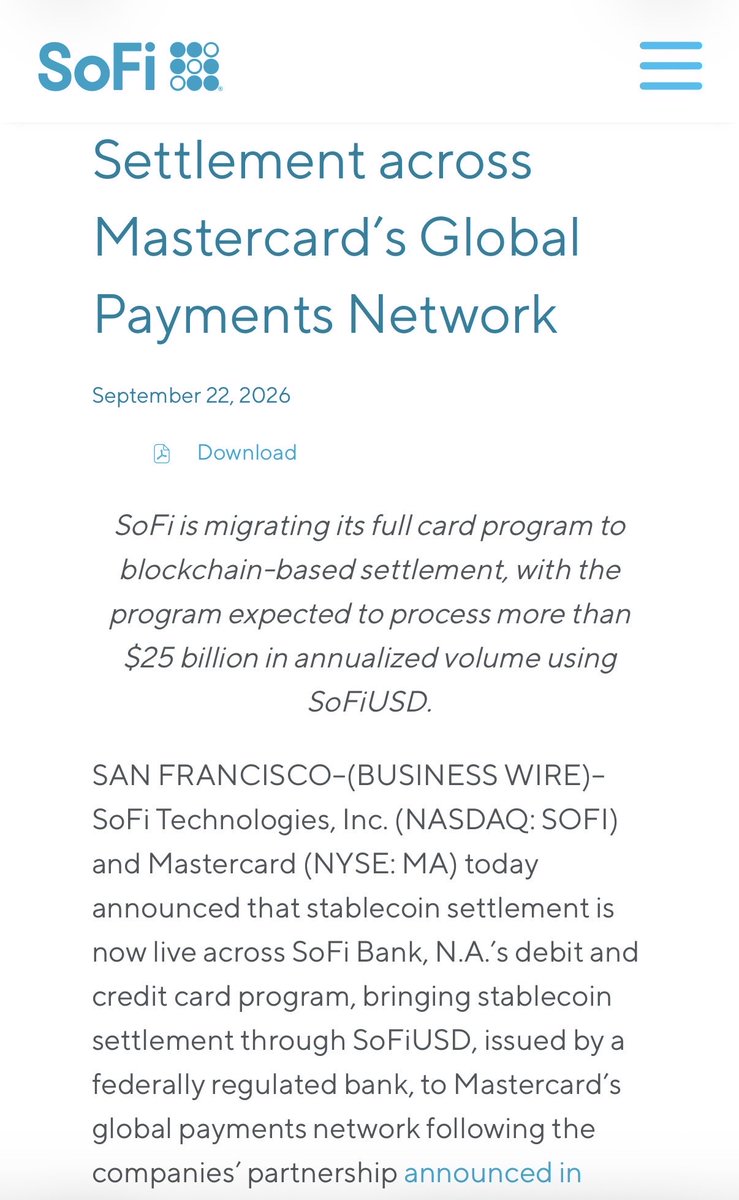 tradessammy1's tweet photo. Alright $SOFI, this is more than a crypto headline.

SoFi just moved its entire debit and credit card program more than $25B in annualized volume onto SoFiUSD settlement through Mastercard. And the transactions are live on-chain today.

March was the partnership announcement. This is the actual implementation.

What I find interesting is that SoFi is using its own card volume as a giant proving ground. If the system works reliably, Galileo can eventually offer the same settlement infrastructure to other banks, fintechs and card issuers.

That would push SoFi beyond being a consumer-finance app and further into regulated payments infrastructure.

But I wouldn’t get ahead of the numbers yet. SoFi hasn’t disclosed the revenue, pricing or cost savings tied to this. Moving existing internal volume onto new rails doesn’t automatically create new revenue.

The real confirmation will be external Galileo clients adopting SoFiUSD.

Still, a nationally chartered bank putting $25B+ of real card volume through its own stablecoin is definitely not a small experiment.
