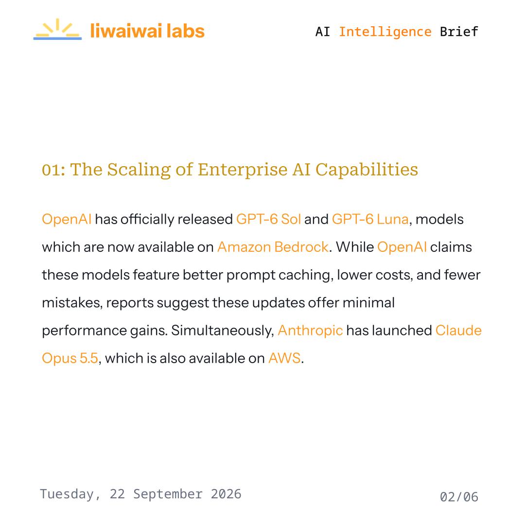 liwaiwaicom's tweet photo. Get ahead of the curve this #week with curated #Intelligence from #liwaiwai

Discover more at https://t.co/Bnqkt8pG88

#Liwaiwai #IntelligenceBrief #AIAgents #Anthropic #OpenAI #GPT6Luna #ClaudeOpus #Claude #NVIDIA #AIGovernance #AIRegulation #Trump #AWS https://t.co/pIQvgiACrz