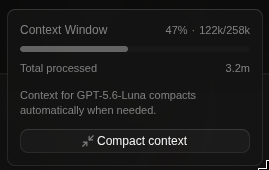 pacote__'s tweet photo. CODEX PLUS ACCOUNTS ARE SO BACK BABYYYYY

GPT 6 Sol on High, after reaching full context then 1 compaction and 37K context used.
GPT 6 Luna on Extra High, 122K context used.

and after all this, it only used 22% of my 5 HOUR LIMIT

NOT WEKLY, 5 HOUR. https://t.co/xm8f7ESqOF