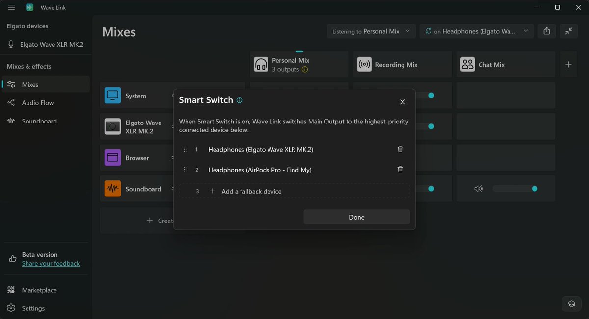 JFest's tweet photo. Wave Link 3.4 beta is now live for Windows with 2 new features:

(1) Smart Switch - create a hierarchy of output devices. Wave Link will play audio to the first one or whichever next device is detected. Very useful if you run it on a laptop and change setups. https://t.co/Sg1Plc5Rpy