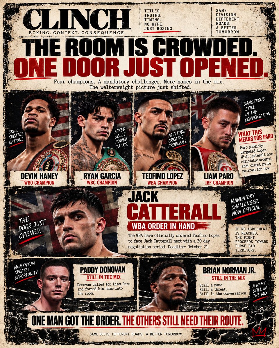 ClinchMag's tweet photo. 👑👑👑👑⁉️
147 is still crowded — but one door just opened.

Four champions still hold the room.
Jack Catterall now has the WBA order.
Paddy Donovan and Brian Norman Jr. are still in the mix.

One man got the order. The others still need their route. 

@joemayren
@Rys_Boxing
@JadeneAngela
@JhusLeftarm 👀
 👆🏻