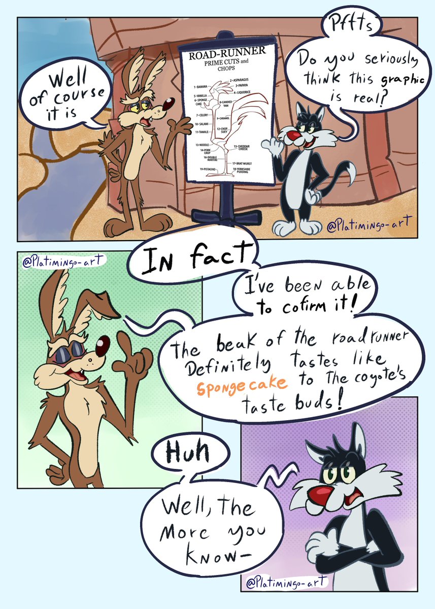 platimingo's tweet photo. "Actually 🤓 ☝️the roadrunner-"
Wile E how do you know that?? 🤨

#coyotevsacmeart #wileroad
#looneytunes #wileecoyote 
 #sylvesterthecat https://t.co/q5d0jjoshp