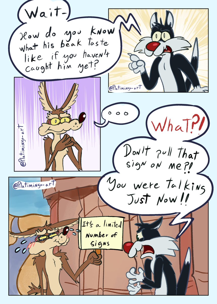platimingo's tweet photo. "Actually 🤓 ☝️the roadrunner-"
Wile E how do you know that?? 🤨

#coyotevsacmeart #wileroad
#looneytunes #wileecoyote 
 #sylvesterthecat https://t.co/q5d0jjoshp