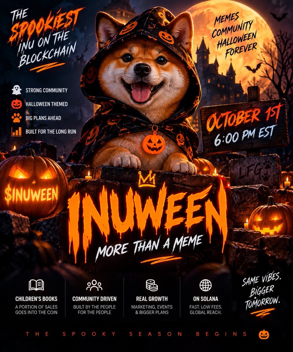 2i2jj's tweet photo. 🎃👻 $INUWEEN IS COMING.

A Halloween-powered Inu is getting ready to hit Solana — and this one is building an entire brand around the meme. 🐕🔥

📅 OCTOBER 1ST
⏰ 6:00 PM EST

🎃 Halloween × Inu
📚 Children’s book concept
👥 Community-driven
🚀 Bigger plans beyond launch

🔗 OFFICIAL LINKS:

🌐 https://t.co/8UGyDQXVNL
✈️ Telegram: https://t.co/M0jItFEuJA
𝕏 X: @inuween

The spooky season is about to begin. 🎃

WHO’S READY FOR $INUWEEN? 👻👇

#INUWEEN #Solana #Memecoin