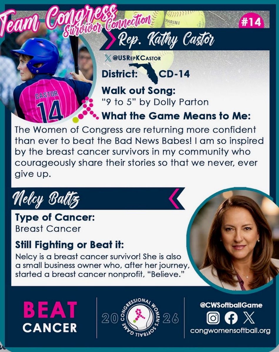 A colorful promotional graphic for a congressional women’s softball game and breast cancer awareness. It features a softball player in a pink jersey and blue helmet, a portrait of a woman, a pink ribbon motif, and several sections of text on a dark blue and white background.