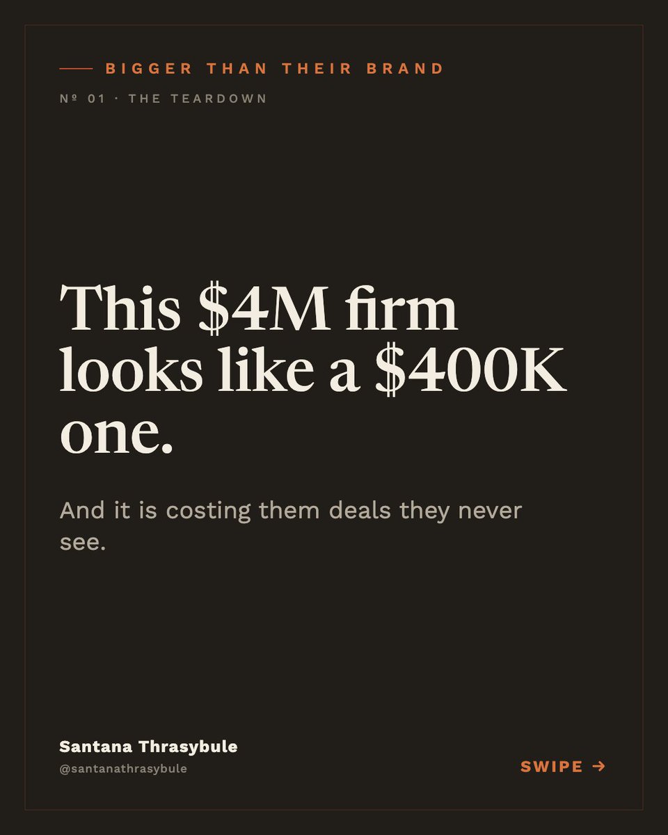 therealistST's tweet photo. A $4M firm walked into a deal looking like a $400K one.

They didn't lose on the work. They lost on the walls. Three logos, a mismatched proposal, a tagline that argued with itself.

The more put-together brand won. It always does. https://t.co/yZ4WD69zud