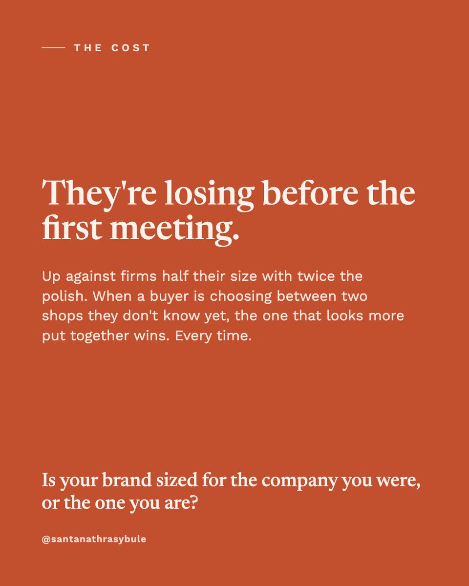 therealistST's tweet photo. A $4M firm walked into a deal looking like a $400K one.

They didn't lose on the work. They lost on the walls. Three logos, a mismatched proposal, a tagline that argued with itself.

The more put-together brand won. It always does. https://t.co/yZ4WD69zud