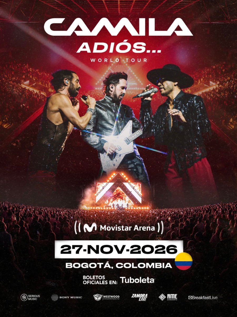 CamilaMX's tweet photo. Colombia, ¿están listos? 🇨🇴❤️

Bogotá nos espera para una noche de esas que se quedan en la memoria, con canciones que han sido parte de nuestra historia durante estos 20 años.

¿Con quién van a compartir esta noche? ❤️

🎟️ Boletos disponibles, enlace en nuestra bio.

#CamilaAdiósWorldTour #20AñosDeCamila