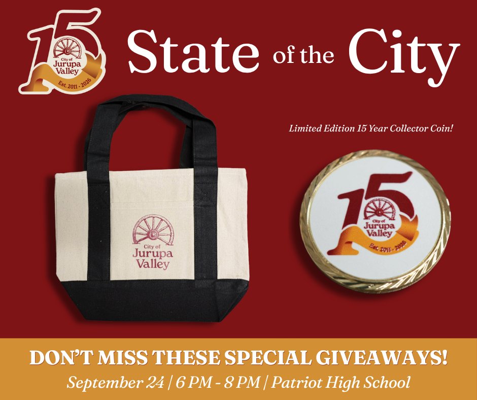 jurupaValleyGov's tweet photo. GIVEAWAYS‼️ 
Join us this Thursday, September 24 for Jurupa Valley's Annual State of the City Address, 6-8PM at Patriot High School. 🎁 Attendees may receive a Limited Edition 15 Year Collector Coin or a Jurupa Valley Tote Bag while supplies last! https://t.co/VzldAfaHgj