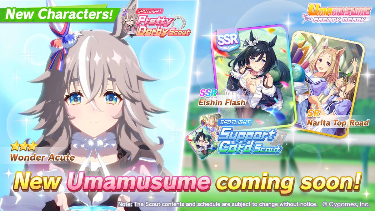 umamusume_eng's tweet photo. 📢 New characters are on their way to debut on Sep 23 (UTC):

🥕 3★ Wonder Acute will appear in the Pretty Derby Scout!
🤝 SSR Eishin Flash and SR Narita Top Road will appear in the Support Card Scout!

#Umamusume https://t.co/1gcD89ZrSp