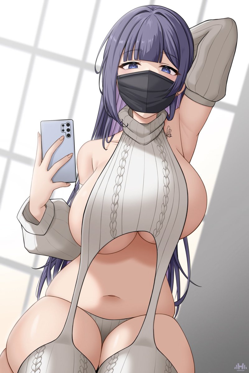 MaskedGirlYuna's tweet photo. Yuna was taking some hot picture to share with everyone.

But suddenly someone came in ! It was [Reader]. 

Yuna freaked out when they came in. 

                                      🦋 https://t.co/5KnAUIzWls