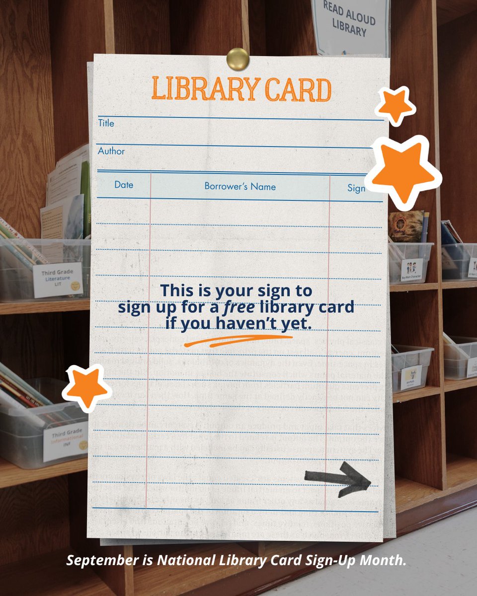 ReadingPartners's tweet photo. 📣 If you’re seeing this, this is your sign to get a FREE library card! 📚✨

Discover all the cool things you can do with a library card. And did we mention FREE?! 👀 Visit your local library for more details.

#NationalLibraryCardSignUpMonth #libraries #ReadingPartners #read https://t.co/2yljt3Cppc