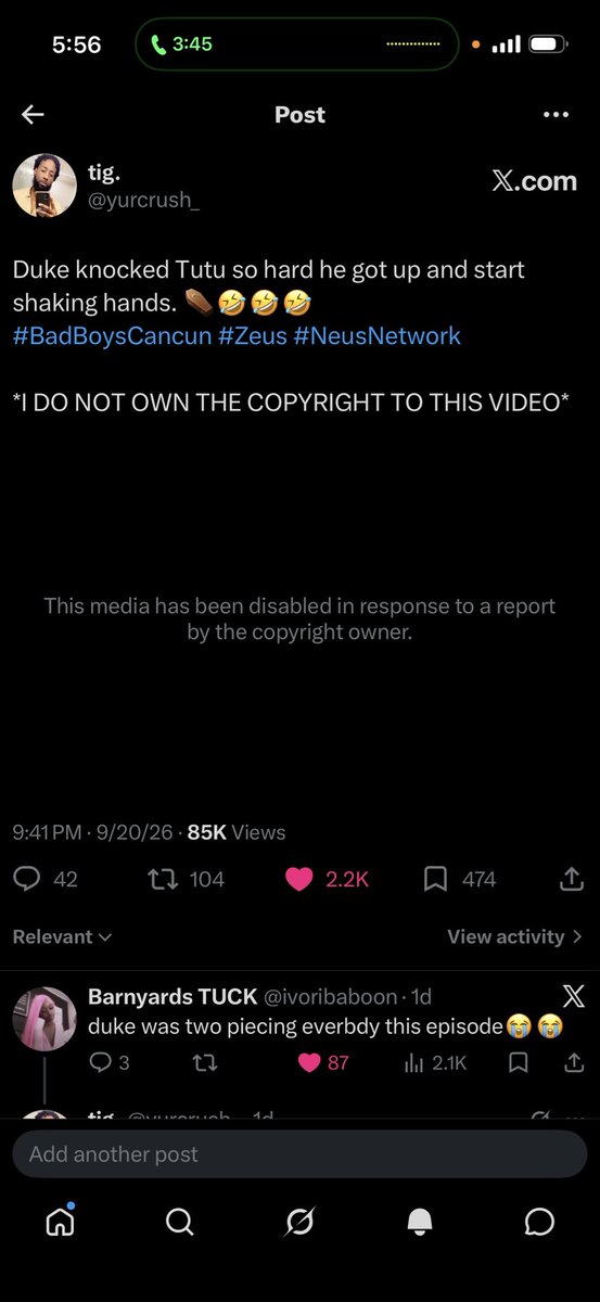 yurcrush_'s tweet photo. So yall, @The_ZeusNetwork has flagged my videos on my page with copyright infringement. Even though I stated that *I DO NOT OWN THE COPYRIGHT FOR THE VIDEO*. 🙄 So idk if I’ll be posting the videos again. How can I solve this issue (if anyone knows)…. #BadBoysCancun #BGWCancun https://t.co/GCL4RhZAma