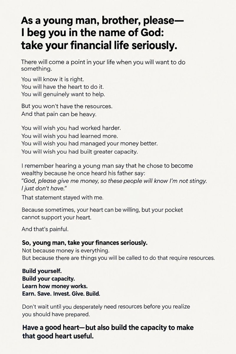 TheJuliusDivine's tweet photo. Your heart can be willing, but your pocket may not be ready.

Take your financial life seriously. Build capacity before the moment comes when you need it.

Are you preparing financially for the man you want to become? https://t.co/nbk0Q4nrBV
