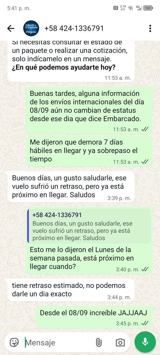 userLG24's tweet photo. @LibertyExpress Y por Whatsapp la respuesta es otra que por cierto me dijeron lo mismo la semana pasada que estaba próximo en llegar y transcurrió una semana en ese "próximo en llegar" @LibertyExpress @LibertyExpress https://t.co/Q5aEjkVcQw