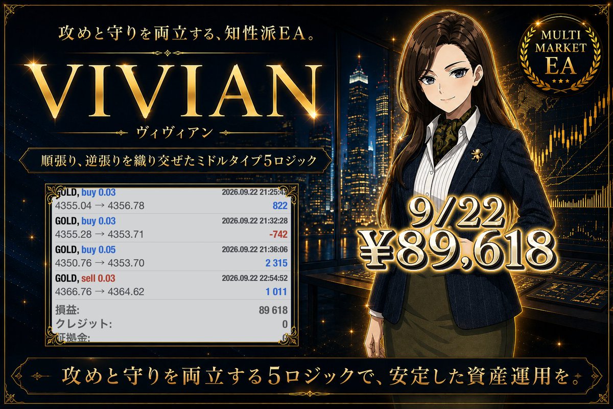 Sera_GoldTrader's tweet photo. セーラEAグループ最新作
💎 VIVIAN💎

9/22
+89,618円

相場に合わせて、
最適な一手を選び続ける。

順張り、逆張りを織り交ぜた
ミドルタイプ5ロジック搭載。
攻めと守りを両立する、
知性派EAです📈✨

ご利用希望はこちらから💁‍♀️
「ゴールドEA部屋【無料】」
https://t.co/eX4ebiEiIQ https://t.co/BcTSyTLYJC