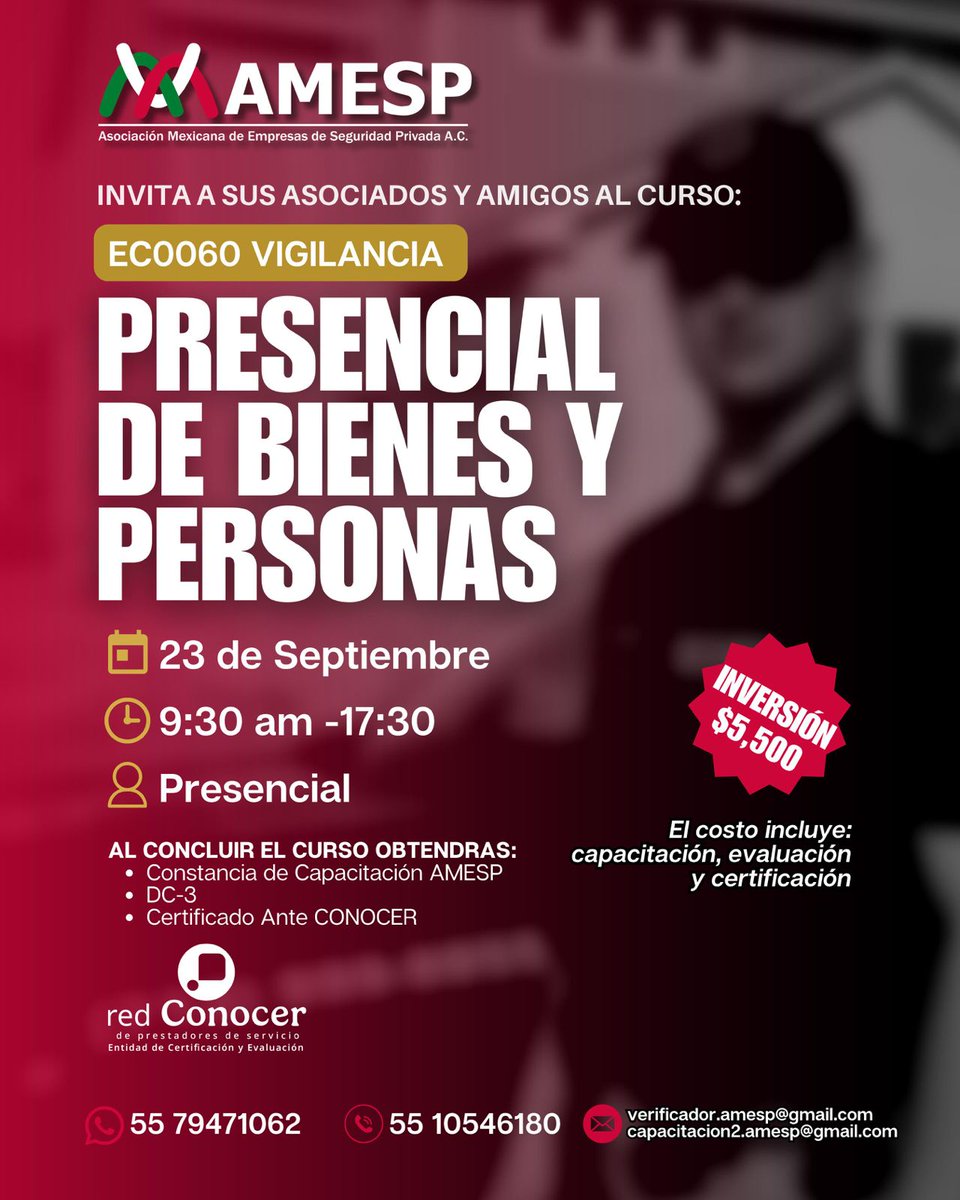 AMESP_oficial's tweet photo. LA AMESP INVITA A SUS ASOCIADOS AL CURSO:

EC0060 “ Vigilancia Presencial de Bienes y Personas "(23 de septiembre)

Liga de registro: https://t.co/m2nOQkg9rb https://t.co/uEP2xKLNdc