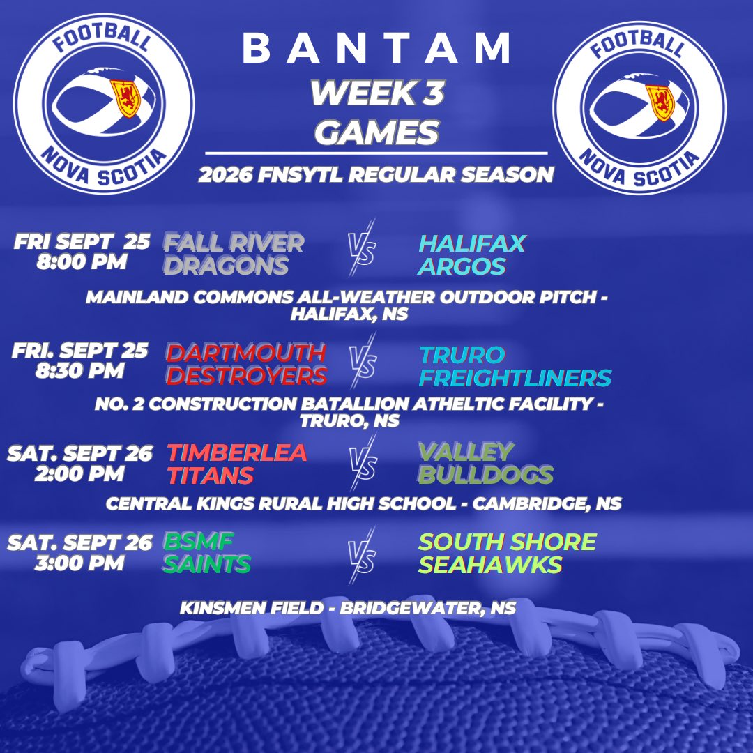 FootballNS's tweet photo. Week 3 is already here of the 2026 FNSYTL season! 🏈🔥

This upcoming weekend’s schedule is full of great games! 💙💛🤍

#BelieveInEachOther
#TogetherWeAre https://t.co/4HJ0F5acQd