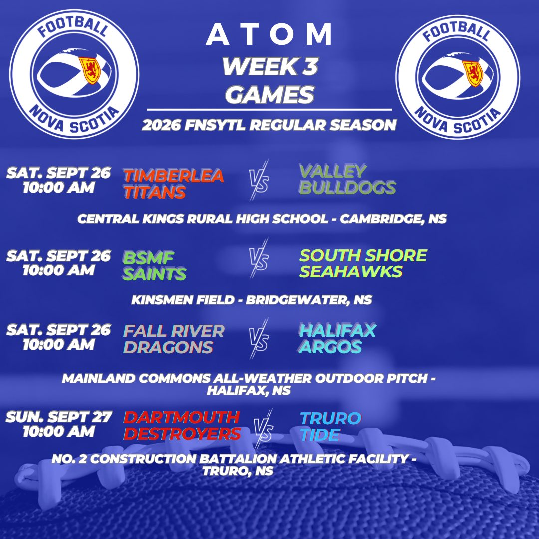 FootballNS's tweet photo. Week 3 is already here of the 2026 FNSYTL season! 🏈🔥

This upcoming weekend’s schedule is full of great games! 💙💛🤍

#BelieveInEachOther
#TogetherWeAre https://t.co/4HJ0F5acQd