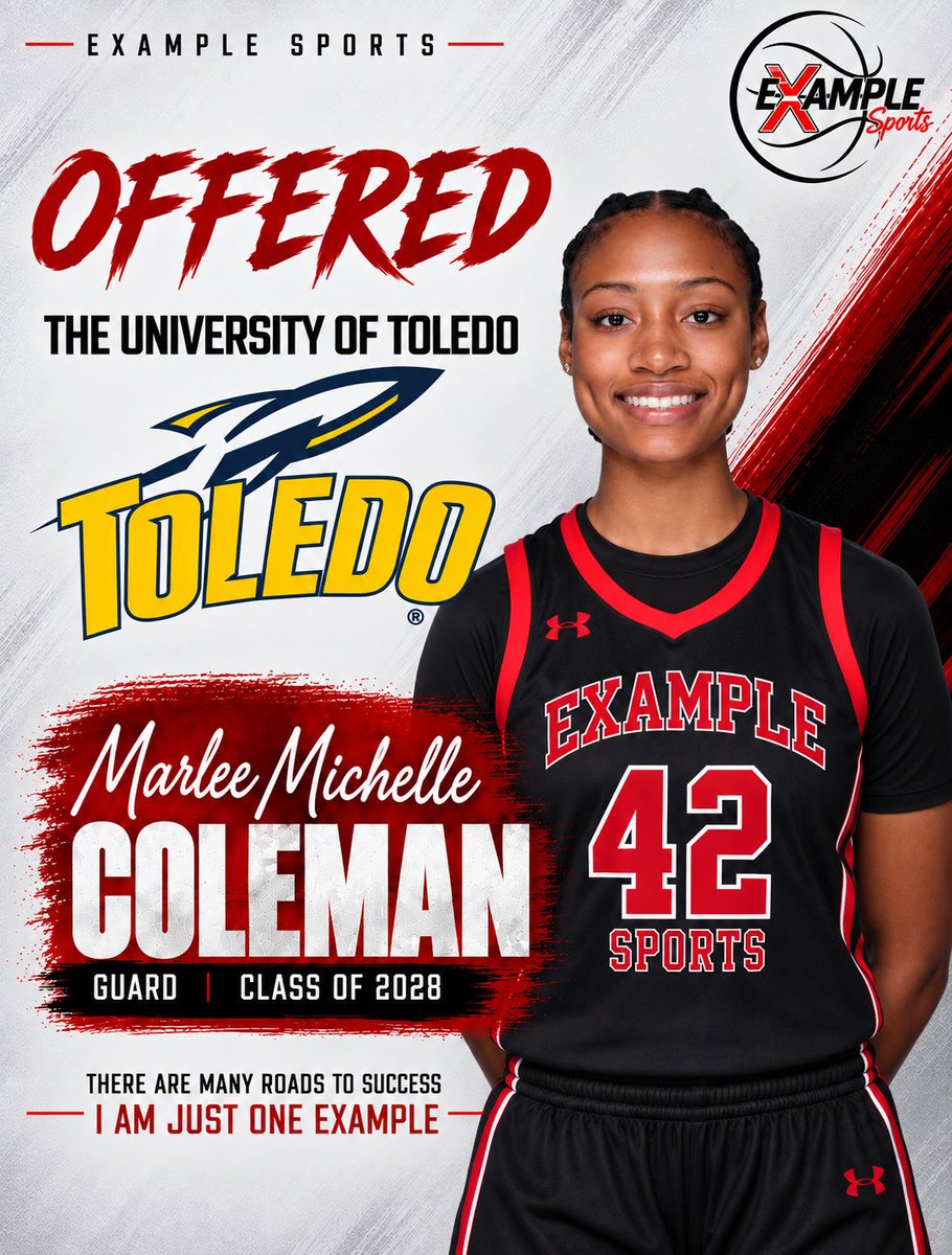 ExampleSports3's tweet photo. Congratulations to 2028 6’2 G Marlee Michelle Coleman on receiving a Scholarship offer from the University of Toledo. 
#ExampleStrong #JustWork https://t.co/Pp0HqwCPZ1