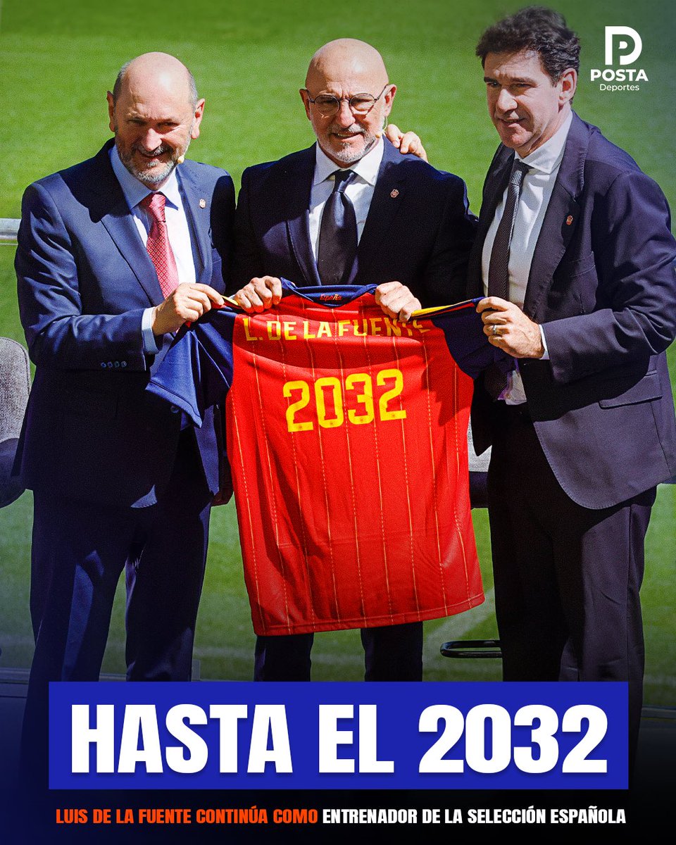POSTADeportes's tweet photo. 🇪🇸🏆 ¡ESPAÑA BLINDA AL TÉCNICO QUE LOS LLEVÓ A LA CIMA!

Después de conquistar Nations League, Eurocopa y el Mundial 2026, la Federación Española renovó a Luis de la Fuente hasta 2032. 

El campeón del mundo tiene contrato para rato. La era De la Fuente apenas va por más. 🔥

#LuisDeLaFuente #España #LaRoja #Mundial2026 #PostaDeportes