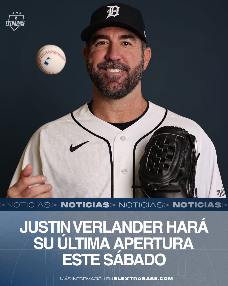 ElExtrabase's tweet photo. ¡Se despide uno de los más grandes! 

Justin Verlander abrirá este sábado por los Tigres de Detroit y será la última apertura de su carrera en las Grandes Ligas. Pondrá fin a una legendaria carrera de 21 temporadas.

#RepDetroit | #ElExtrabase⚾️ https://t.co/9R3JlCwHsY