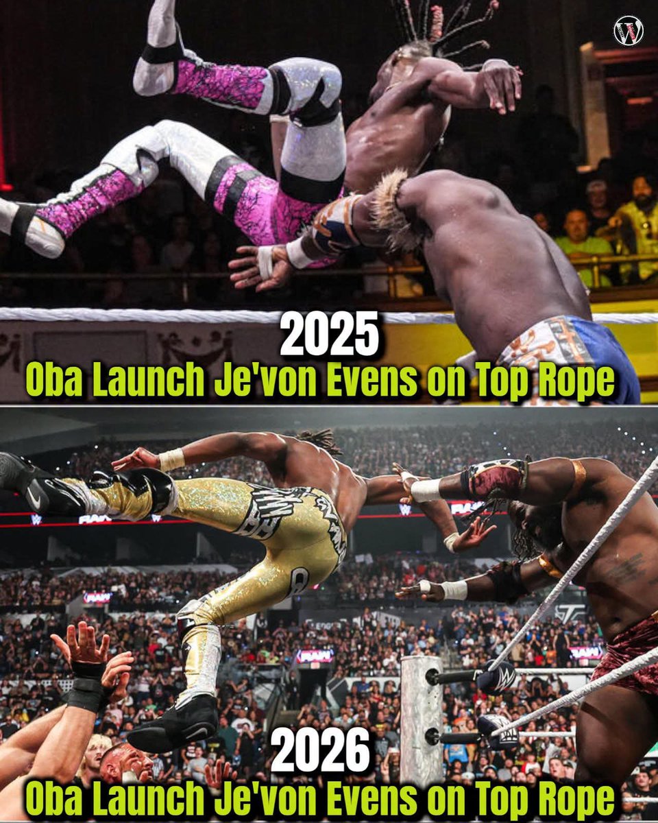 wrestleSzn01's tweet photo. Oba made a dramatic return on the September 21 episode of WWE Raw to save Je'Von Evans from an attack by The Vision culminating in Femi launching Evans like a human projectile onto the group outside the ring.This wasn't the first time Oba Femi launched Je'Von Evans onto wrestler https://t.co/5QDaWiRKse