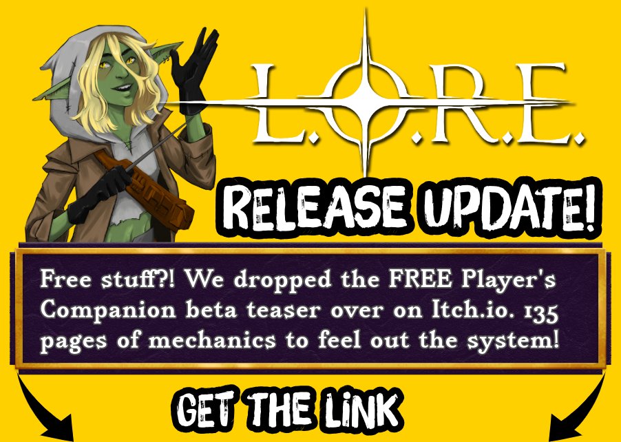 ANTQgames's tweet photo. π We're hyping up to our Kickstarter launch!π
We dropped the free beta rules teaser for the L.O.R.E. Player's Companion over on @itchio , 135 pages of the game (out of near 500!) to peruse, with a ton of content (probably too much?).
Enjoy! πβοΈ
#ttrpg https://t.co/ndSTmdZmf5