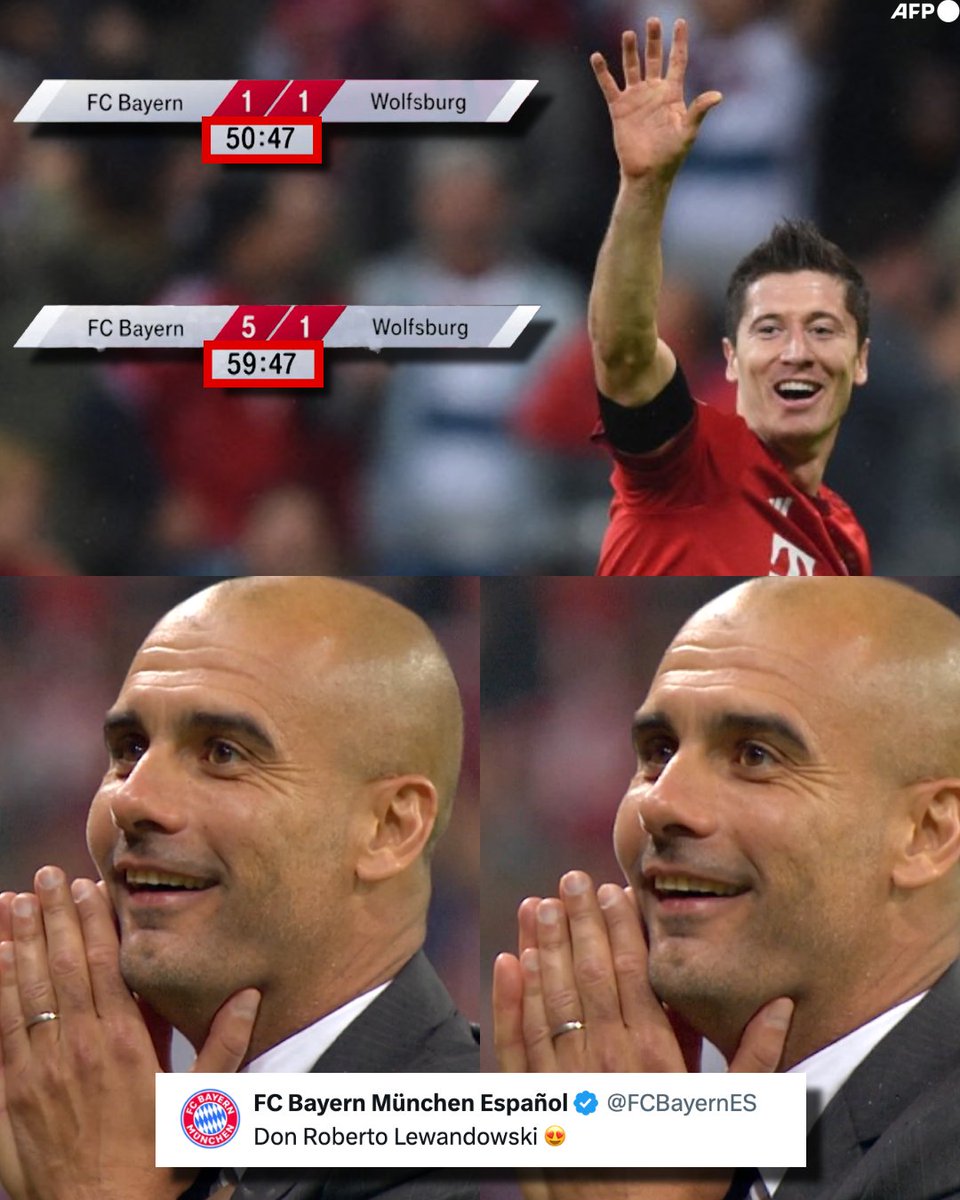 InvictosSomos's tweet photo. Hoy hace exactamente 11 años, Robert Lewandowski entraba de cambio a un partido de Bundesliga ante Wolfsburgo y regalaba una ACTUACIÓN LEGENDARIA en la cancha del Allianz Arena. El polaco firmó ¡¡5 GOLES!! en un lapso de 9 minutos, liderando una remontada para los libros. Y gracias a lo que hizo en esos 9 minutos mágicos, el entonces goleador del Bayern Munich se adueñó de 4 Record Guinness.

➤ El hat-trick más rápido de toda la historia: 4 minutos.
➤ El póker más rápido de toda la historia: 6 minutos.
➤ El repóker más rápido de toda la historia: 9 minutos.
➤ El único jugador que, saliendo desde la banca, marcó 5 goles en un mismo partido.

La reacción de Pep Guardiola después de ver el espectáculo de Lewy lo dijo absolutamente todo. 

LA NOCHE DE TODOS LOS RÉCORDS.