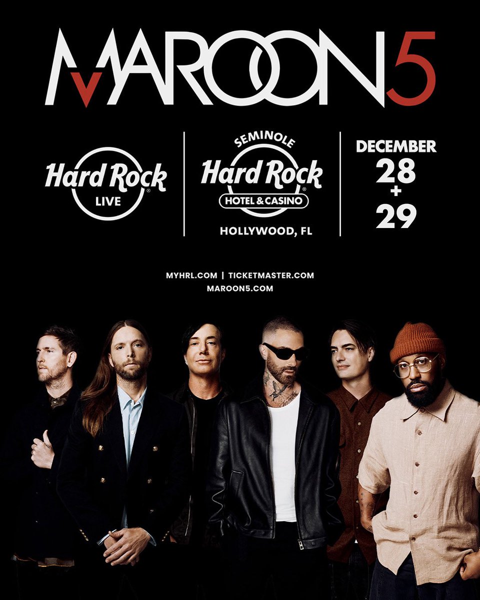 maroon5's tweet photo. Hard Rock Live - Hollywood, FL • We’re excited to come back for a couple end of the year shows!
Pre-sales start tomorrow. https://t.co/afHyhc09fo