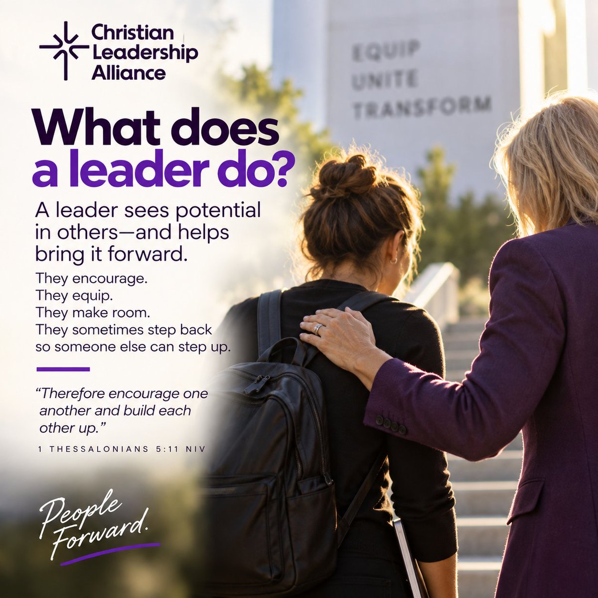 CLALeader's tweet photo. What does a leader do?
They encourage.
They equip.
They make room.

“Encourage one another and build each other up.” — 1 Thess. 5:11

#ChristianLeadership #Leadership https://t.co/krns6bHjEk