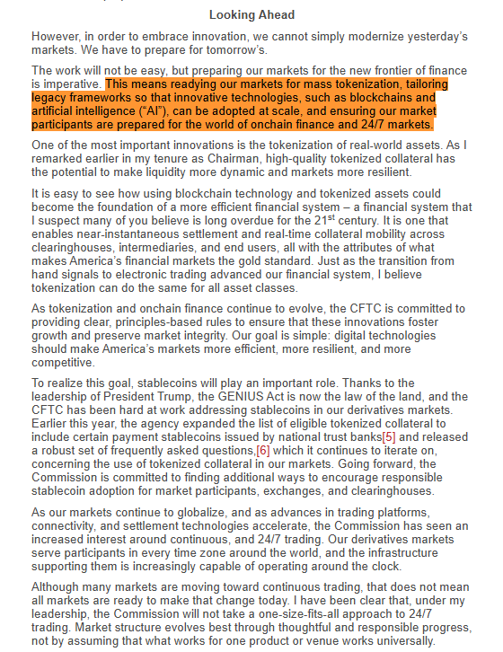 coinbureau's tweet photo. 🇺🇸 JUST IN: CFTC Chairman Selig says US markets must prepare for "mass tokenization" as blockchains and AI are "adopted at scale."

Selig told the US Treasury Market Conference that "the next decade will likely bring more change to financial markets than the previous several decades combined."

The CFTC expanded eligible collateral to include stablecoins in February and is looking to drive further adoption across exchanges and clearinghouses.